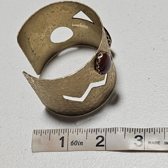 Vintage Hammered Copper Cuff Bracelet Red Stones Geometric Cutouts Boho Chic - Picture 7 of 7